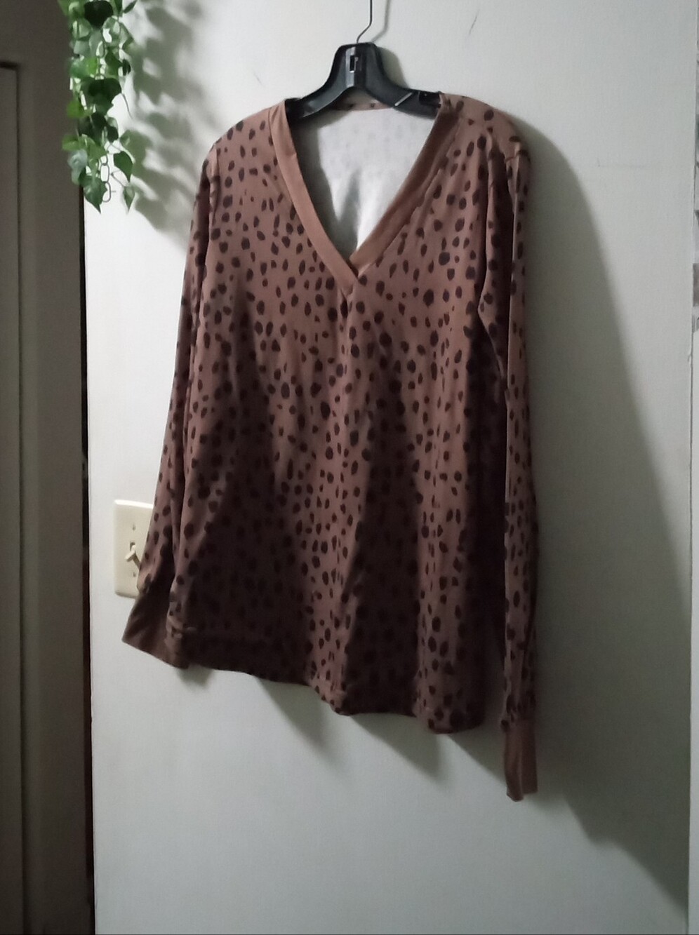 Brown Leopard Print V-Neck Long Sleeve Top